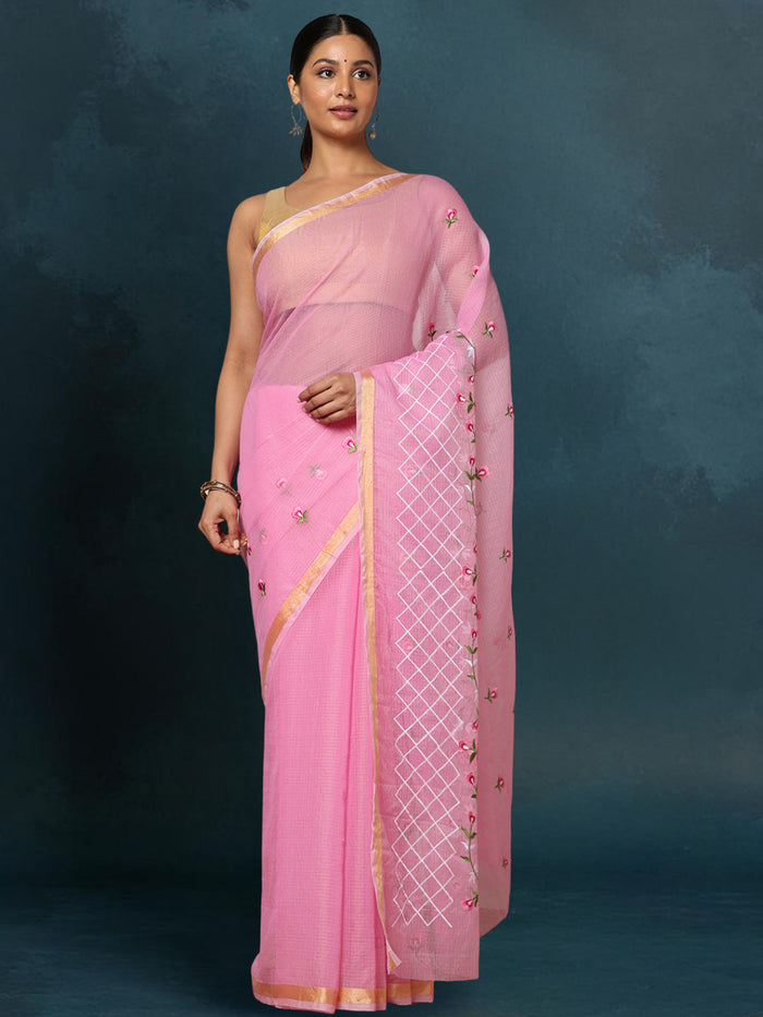 Kota Doria Light Pink Saree Embroidery