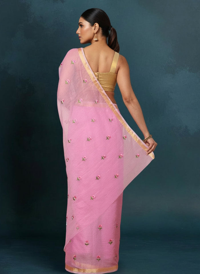 Kota Doria Light Pink Saree Embroidery