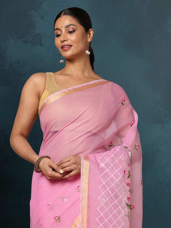 Kota Doria Light Pink Saree Embroidery