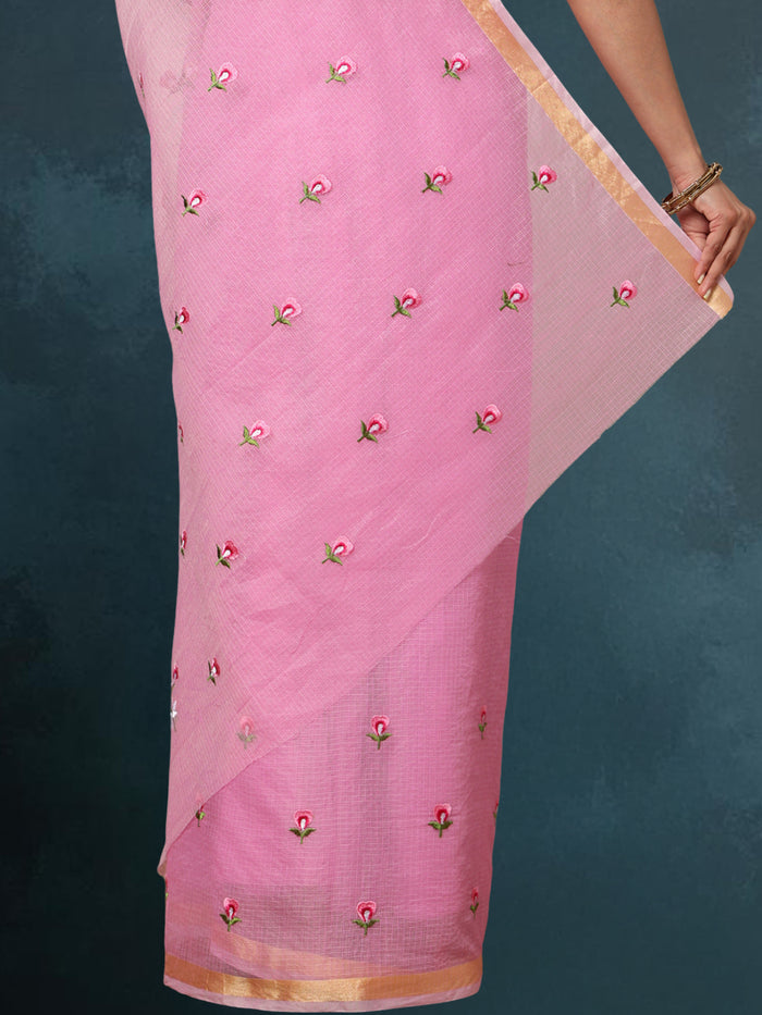 Kota Doria Light Pink Saree Embroidery