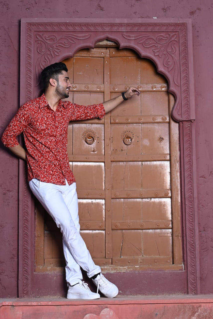 Hand Block Printed Pure Cotton Men Red Shirt-Indiehaat