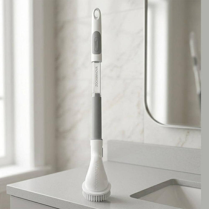 Cordless electric spin scrubber with extendable handle for deep cleaning.