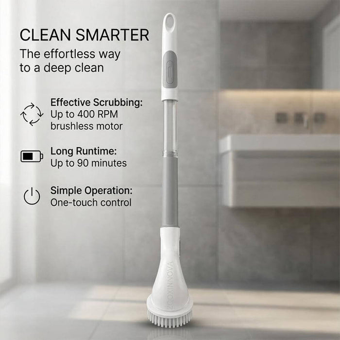 Cordless electric spin scrubber with extendable handle for easy cleaning.
