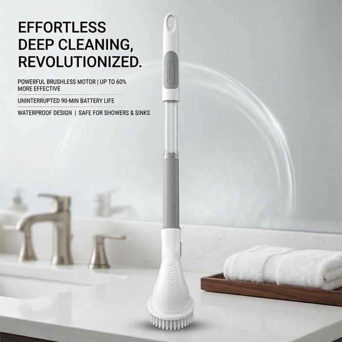 Cordless electric spin scrubber with extendable handle for effortless cleaning in hard-to-reach areas, ideal for bathrooms and kitchens.