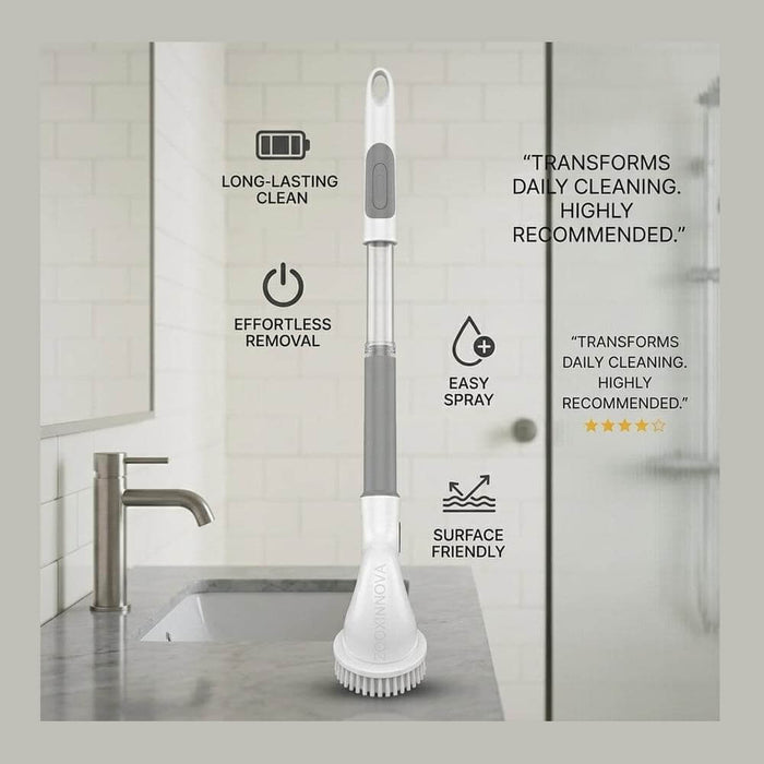 Cordless electric spin scrubber with extendable handle for effortless cleaning in hard-to-reach areas.