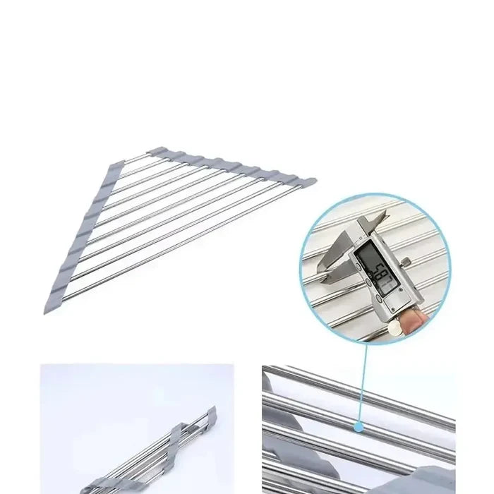 Corner sink dish drying rack with foldable stainless steel design