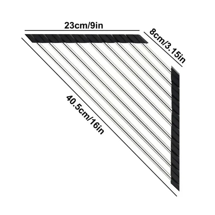 Foldable triangle dish drying rack dimensions for corner sink dish drying rack, measuring 23cm and 40.5cm.