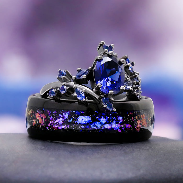 Cornflower Blue Sapphire Leaf Engagement Ring in Black Ruthenium – close-up detail