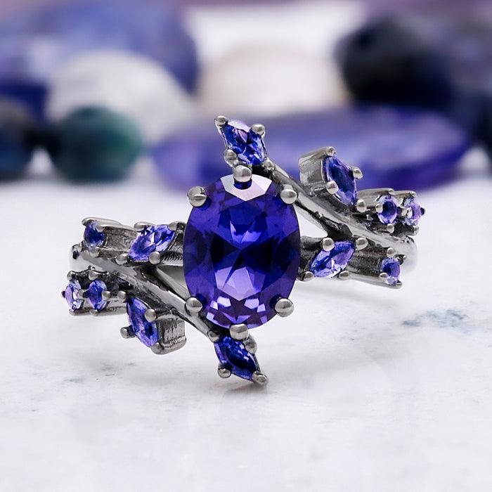 Cornflower Blue Sapphire Leaf Engagement Ring in Black Ruthenium – top view