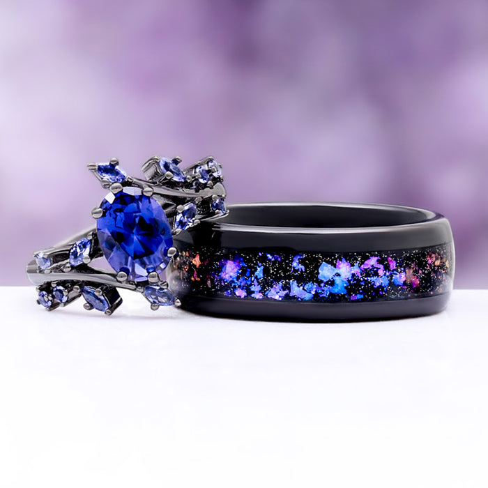 Orion Nebula™ Wedding Band- 8MM Black Tungsten with cosmic crushed stone inlay and blue sapphire floral-inspired ring by Aquamarise, part of celestial men's black rings collection.