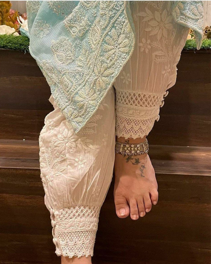 Cotton Afghani White Color Chikankari Pant - IndieHaat