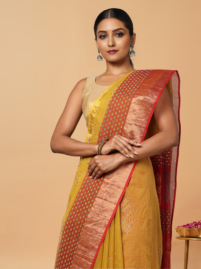 Craft Couture Blockprinted Kota Doria Mustard Yellow & Red Saree