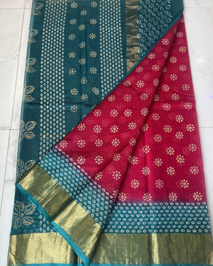 Indiehaat | Craft Couture Kota Doria Block Print Red & Sea Green Saree