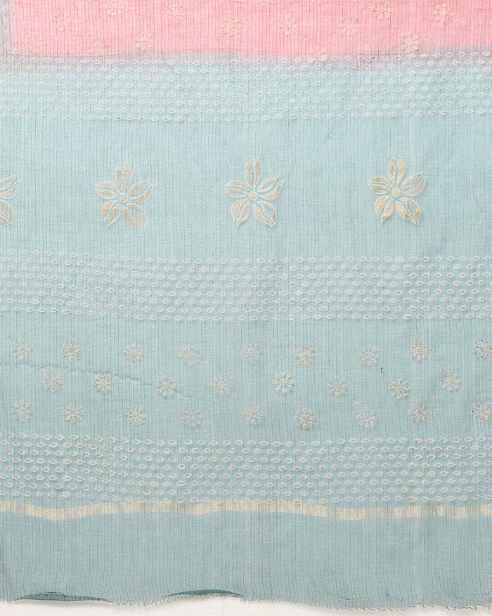 Craft Couture Kota Doria Blockprint Red & Sea Green Saree