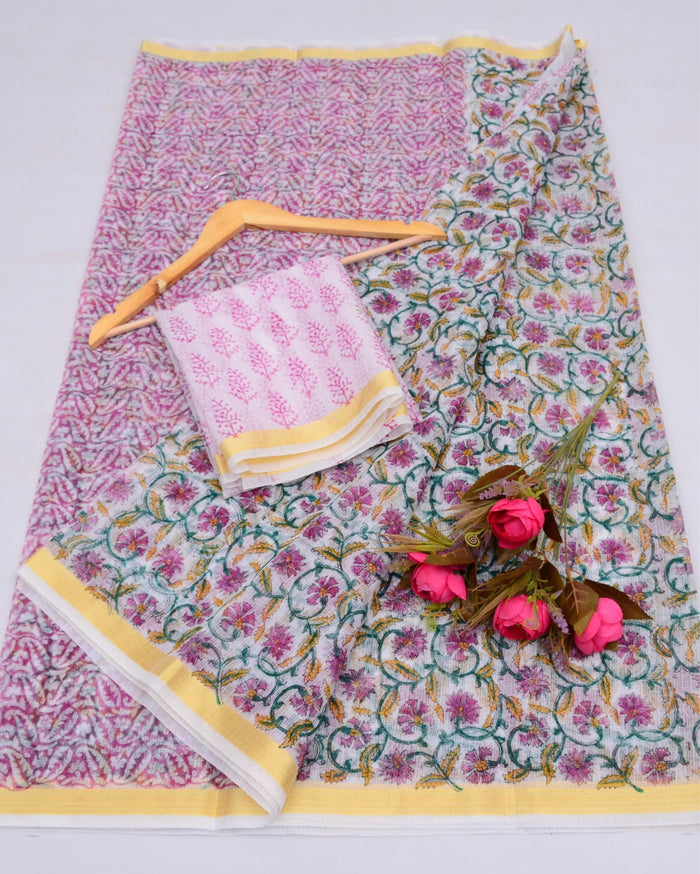 Indiehaat | Stylish Kota Doria Pink Hand Block Print Saree