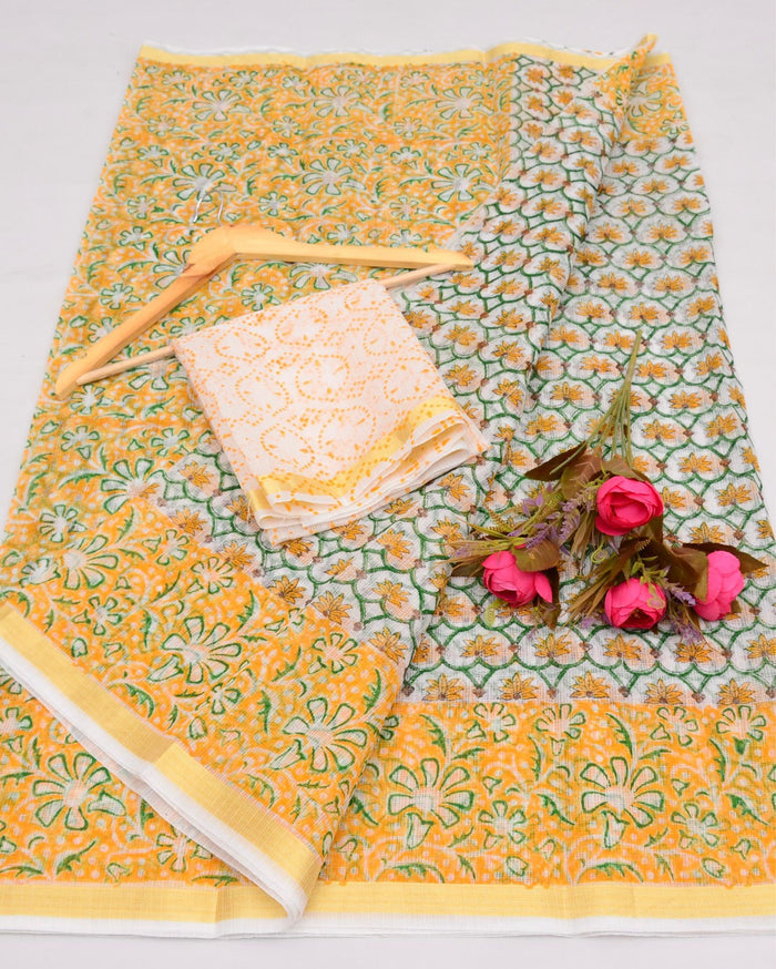Indiehaat | Exquisite Kota Doria Yellow Saree Handblock Print