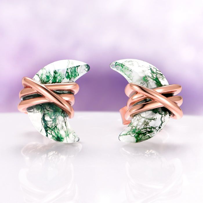 Crescent Moon Green Moss Agate Wire Stud Earrings in 14K Rose Gold Vermeil by Aquamarise, featuring hand-carved crescent moss agate stones wrapped in polished rose gold vermeil wire, part of Moss Agate Jewelry and Meaningful Jewelry Gifts collections.