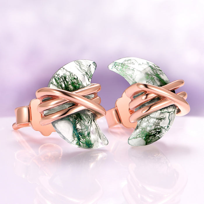 Crescent Moon Green Moss Agate Wire Stud Earrings in 14K Rose Gold Vermeil by Aquamarise, featuring hand-carved green moss agate crescents wrapped with polished rose gold vermeil wire, part of Moss Agate Jewelry and Meaningful Jewelry Gifts collections.