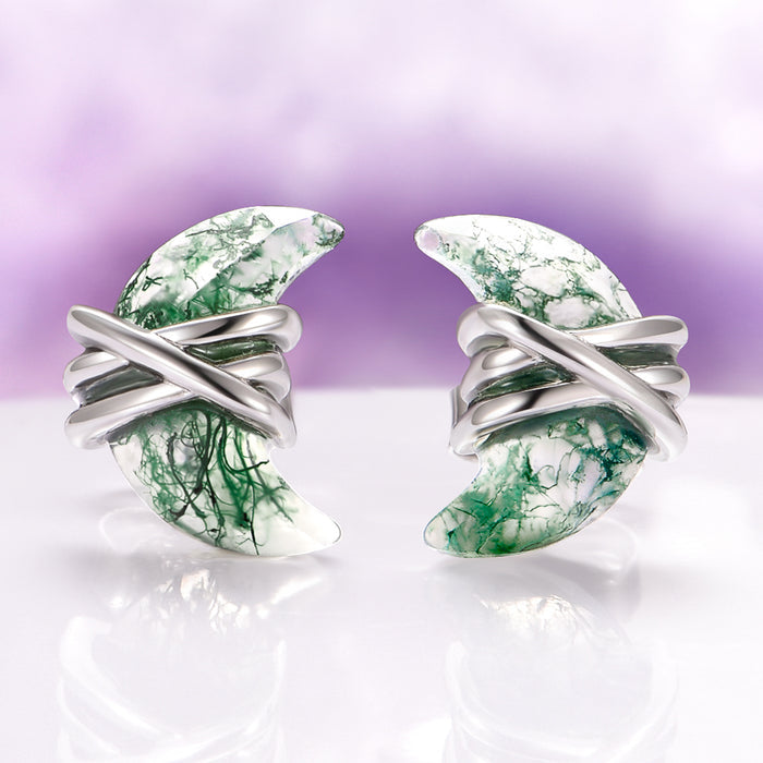 Crescent Moon Green Moss Agate Wire Stud Earrings in Sterling Silver featuring hand-carved crescent moss agate stones wrapped in smooth sterling silver wire, part of Aquamarise’s Moss Agate Jewelry and Meaningful Jewelry Gifts collections.