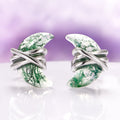 Crescent Moon Green Moss Agate Wire Stud Earrings in Sterling Silver featuring hand-carved crescent moss agate stones wrapped in smooth sterling silver wire, part of Aquamarise’s Moss Agate Jewelry and Meaningful Jewelry Gifts collections.