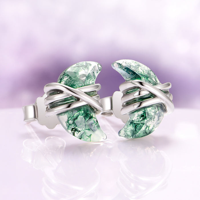 Crescent Moon Green Moss Agate Wire Stud Earrings in Sterling Silver by Aquamarise, featuring hand-carved crescent moon moss agate stones wrapped in elegant sterling silver wire, part of Moss Agate Jewelry and Meaningful Jewelry Gifts collections.