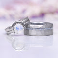 Crescent Moon Moonstone Engagement Ring Set- 14K White Gold featuring a luminous moonstone encased in a crescent moon design alongside a textured band with opal inlay, crafted by Aquamarise Gold from collections including Solid Gold Engagement Rings and June Birthstone Jewelry.