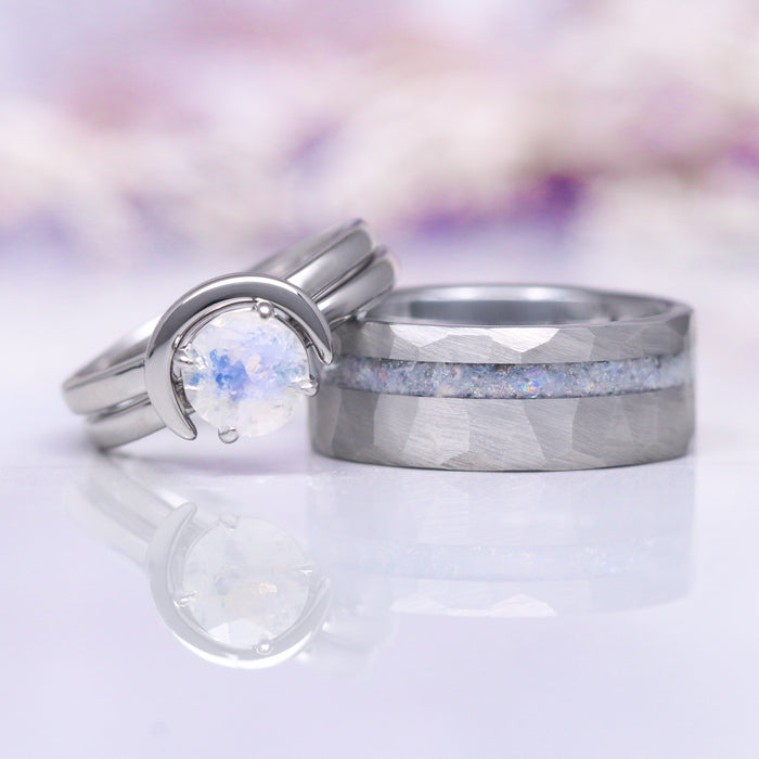 Crescent Moon Moonstone Engagement Ring Set- 14K White Gold featuring a luminous moonstone encased in a crescent moon design alongside a textured band with opal inlay, crafted by Aquamarise Gold from collections including Solid Gold Engagement Rings and June Birthstone Jewelry.