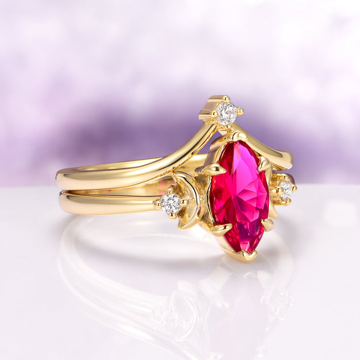 Crescent Moon Ruby Engagement Ring Set in 14K Solid Yellow Gold featuring a vibrant marquise-cut ruby center stone with crescent moon and diamond accents, crafted by Aquamarise Gold, part of Solid Gold Engagement Rings and July Birthstone Jewelry collections.