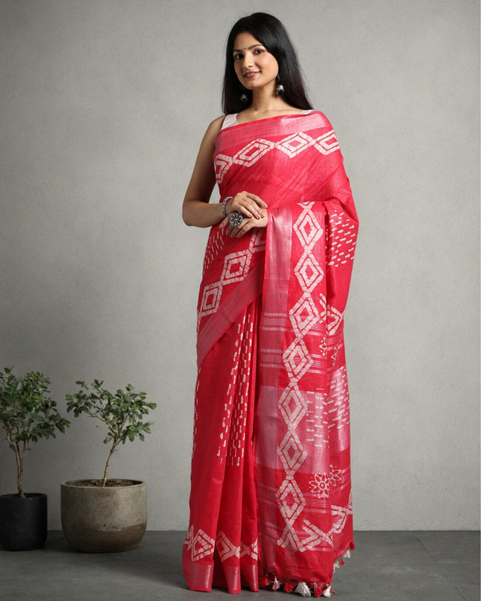 Rubine Red Slub Linen Batik Print Saree | Indiehaat
