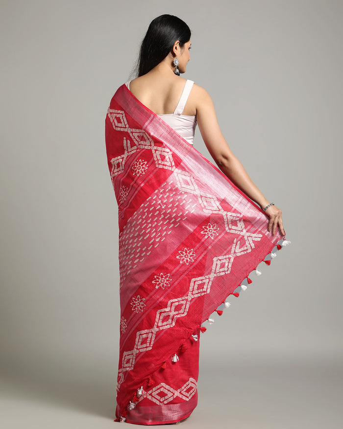 Rubine Red Slub Linen Batik Print Saree | Indiehaat