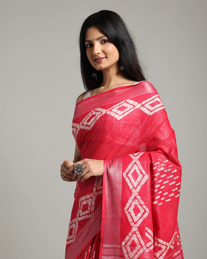 Rubine Red Slub Linen Batik Print Saree | Indiehaat