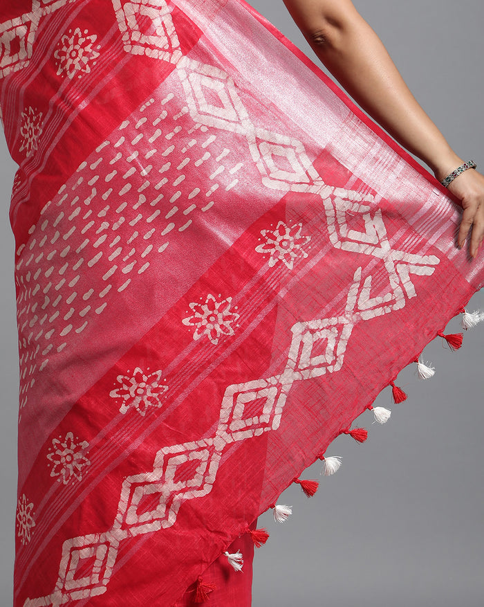 Rubine Red Slub Linen Batik Print Saree | Indiehaat