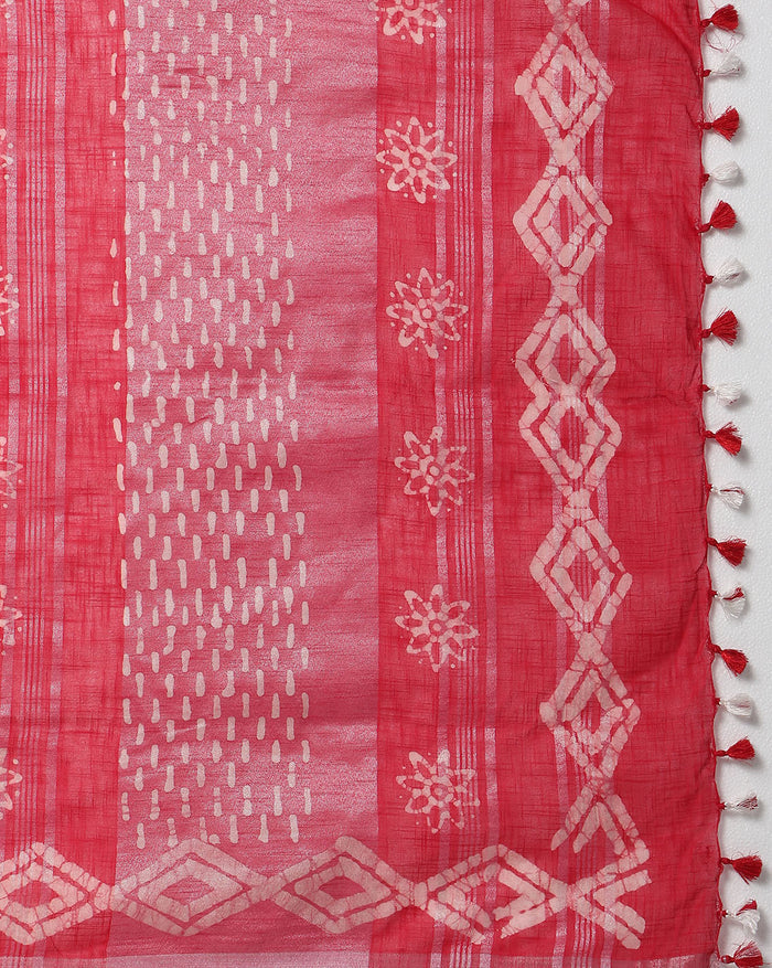 Rubine Red Slub Linen Batik Print Saree | Indiehaat