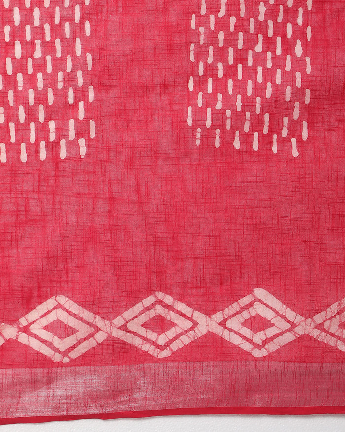Rubine Red Slub Linen Batik Print Saree | Indiehaat