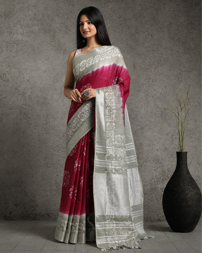 Slub Linen Batik Print Saree – Red & Gray with Blouse
