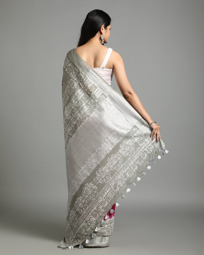Slub Linen Batik Print Saree – Red & Gray with Blouse