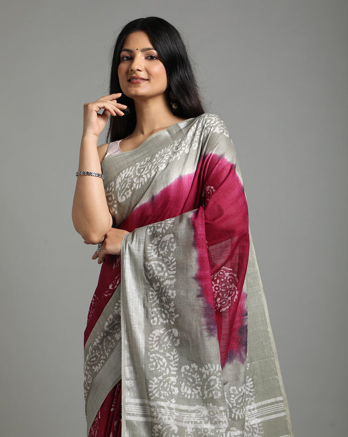 Slub Linen Batik Print Saree – Red & Gray with Blouse