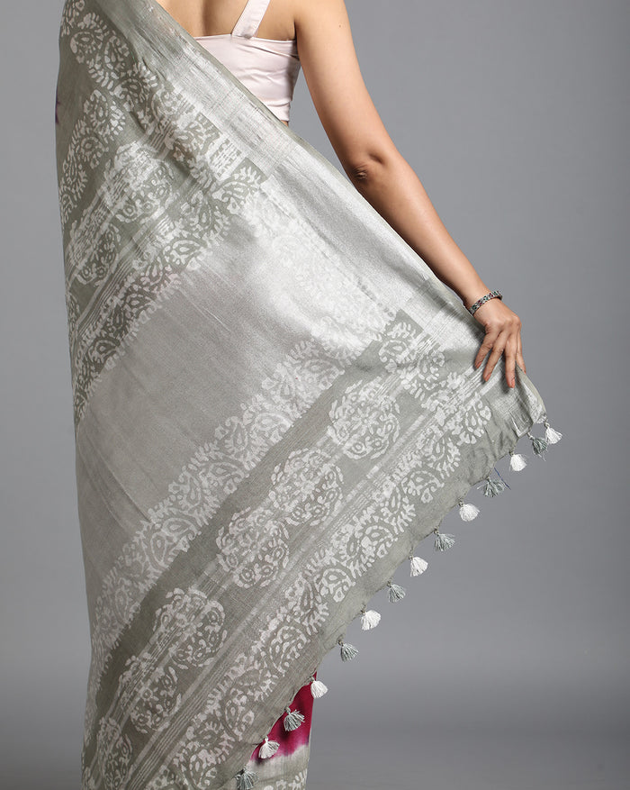 Slub Linen Batik Print Saree – Red & Gray with Blouse