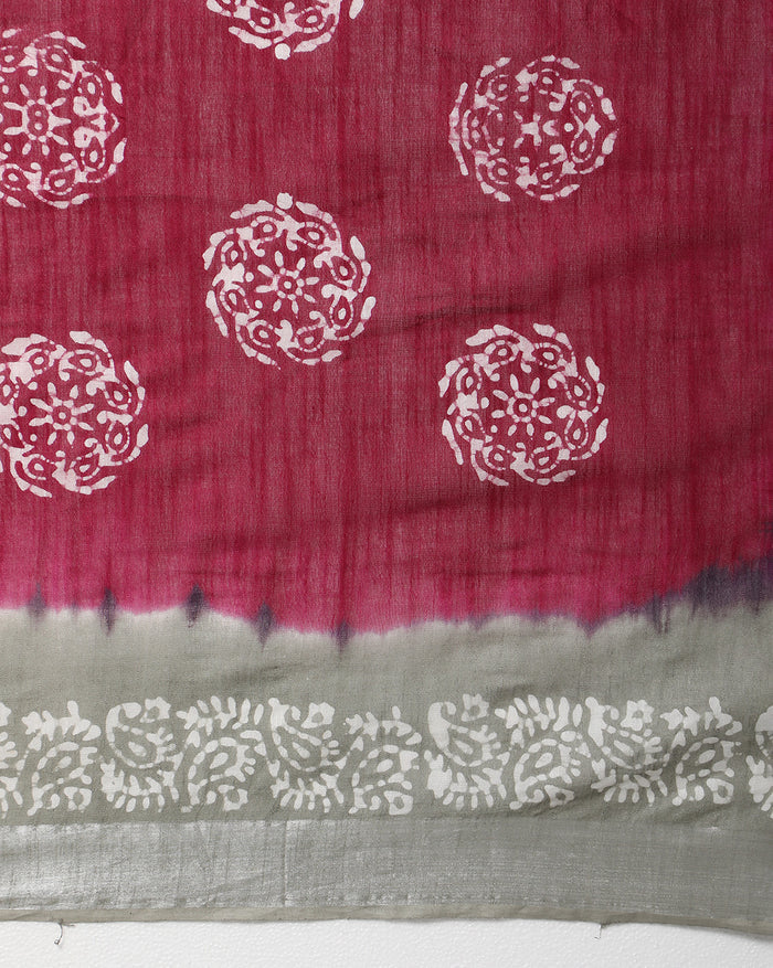 Slub Linen Batik Print Saree – Red & Gray with Blouse