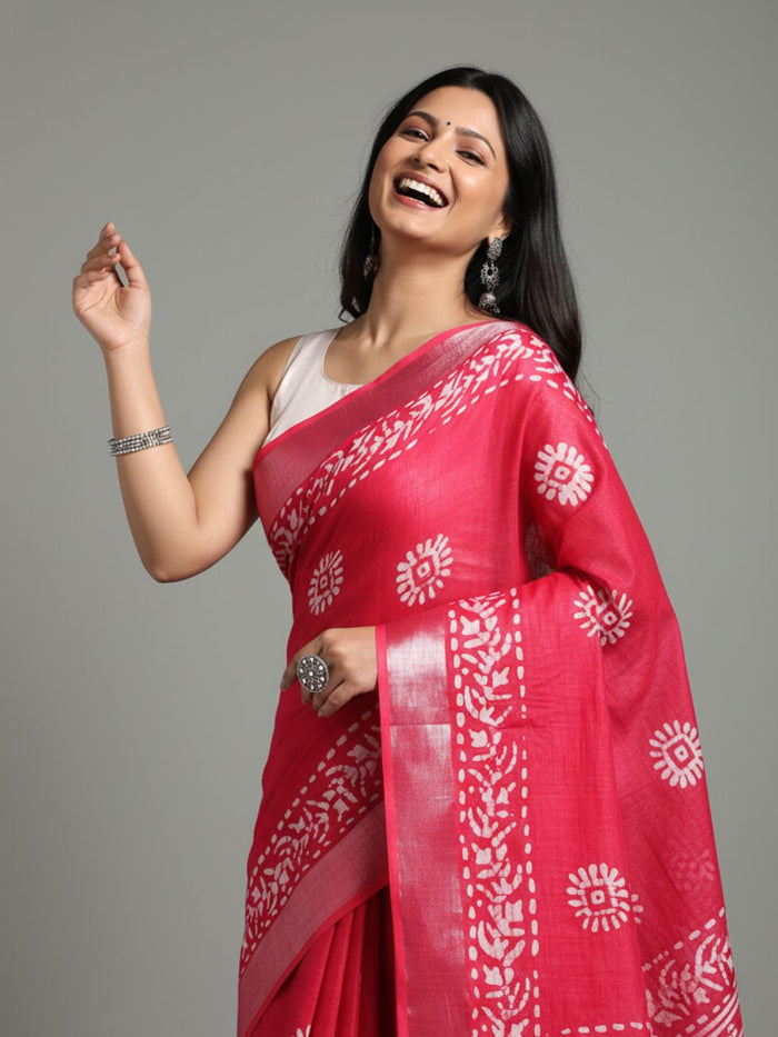 Crimson Slub Linen Wax Batik Hand Dyed Saree Red