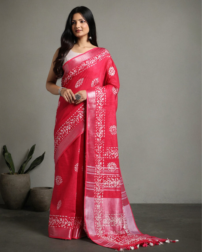 IndieHaat | Slub Linen Red Saree Batik Work Running Blouse Ajrakh Dabu