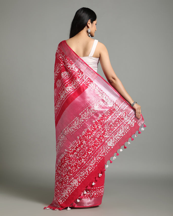 IndieHaat | Slub Linen Red Saree Batik Work Running Blouse Ajrakh Dabu