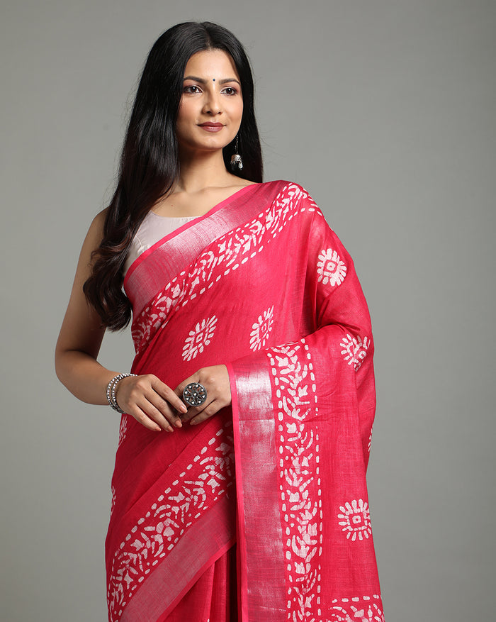 IndieHaat | Slub Linen Red Saree Batik Work Running Blouse Ajrakh Dabu