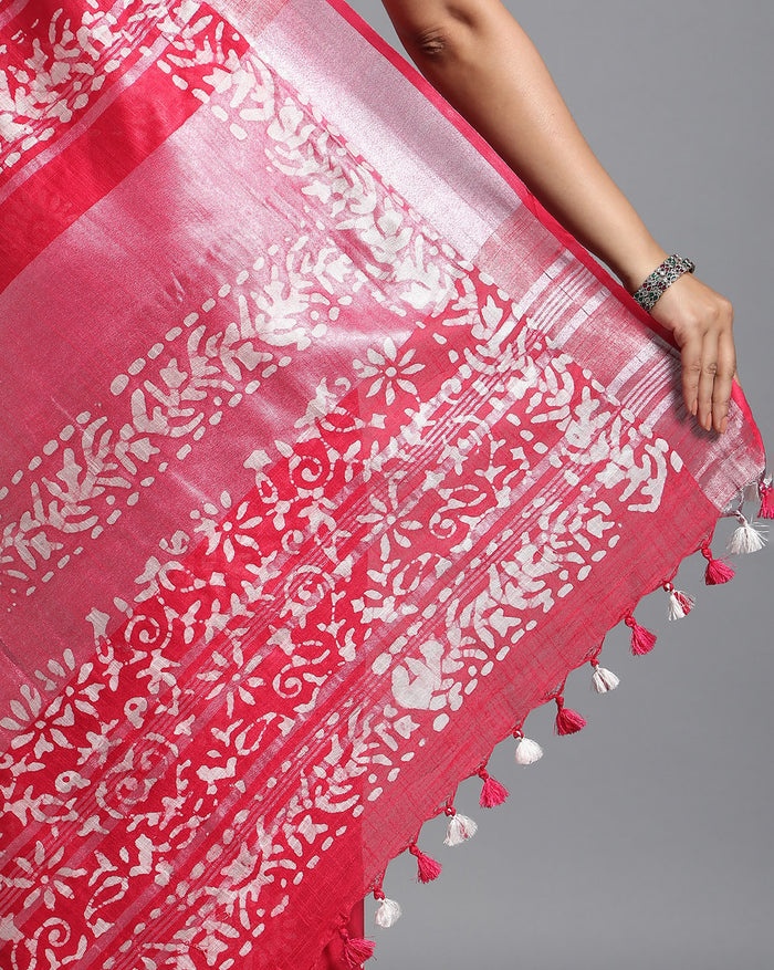 IndieHaat | Slub Linen Red Saree Batik Work Running Blouse Ajrakh Dabu