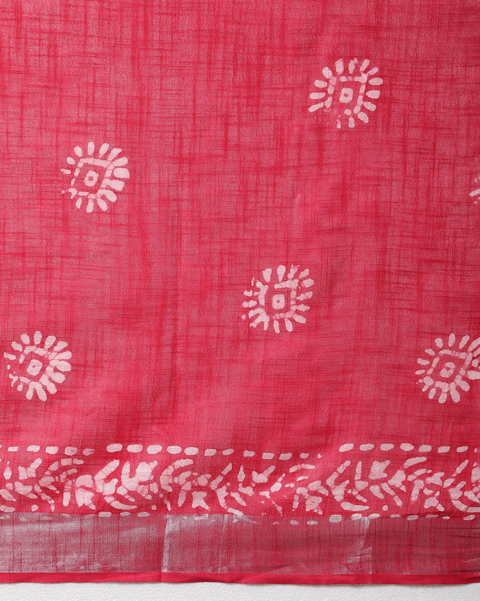 IndieHaat | Slub Linen Red Saree Batik Work Running Blouse Ajrakh Dabu