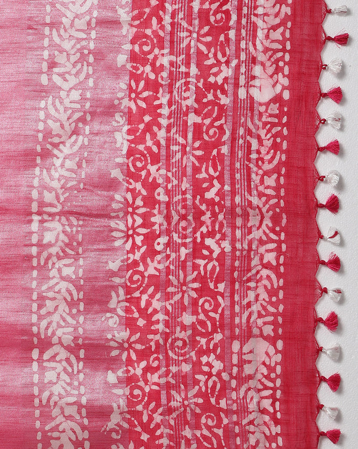 IndieHaat | Slub Linen Red Saree Batik Work Running Blouse Ajrakh Dabu