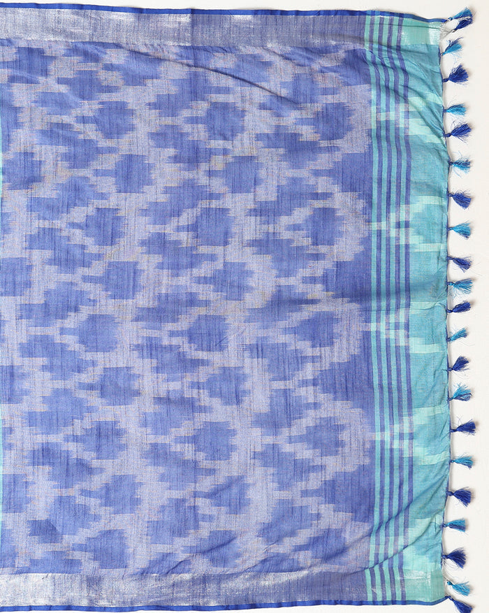 Crisp Ikkat Slub Linen Handloom Blue Saree