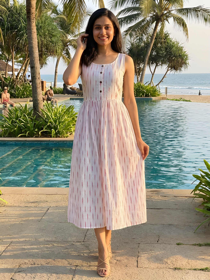 Crisp Pure Cotton White Ikkat Dress