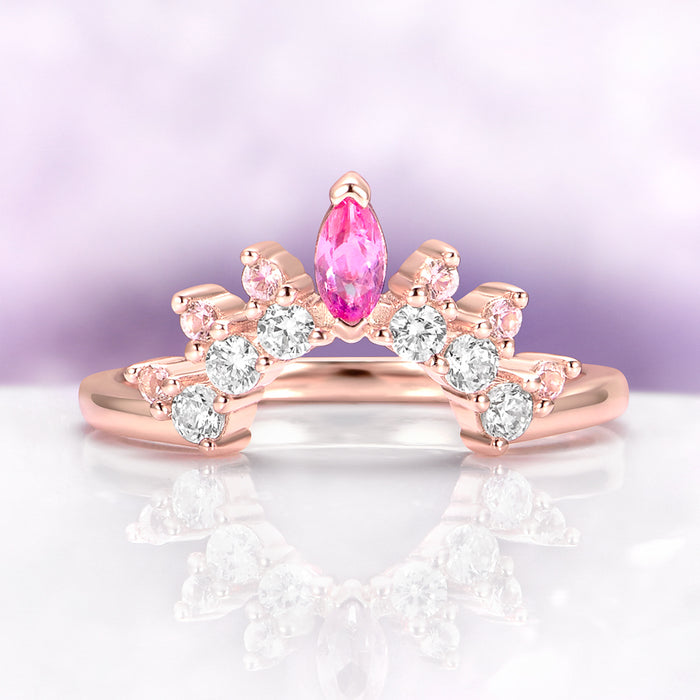 Crown Tiara Marquise Ruby Curved Wedding Band in 14K Rose Gold Vermeil by Aquamarise, featuring a marquise ruby center and sparkling diamond accents in a curved crown design.