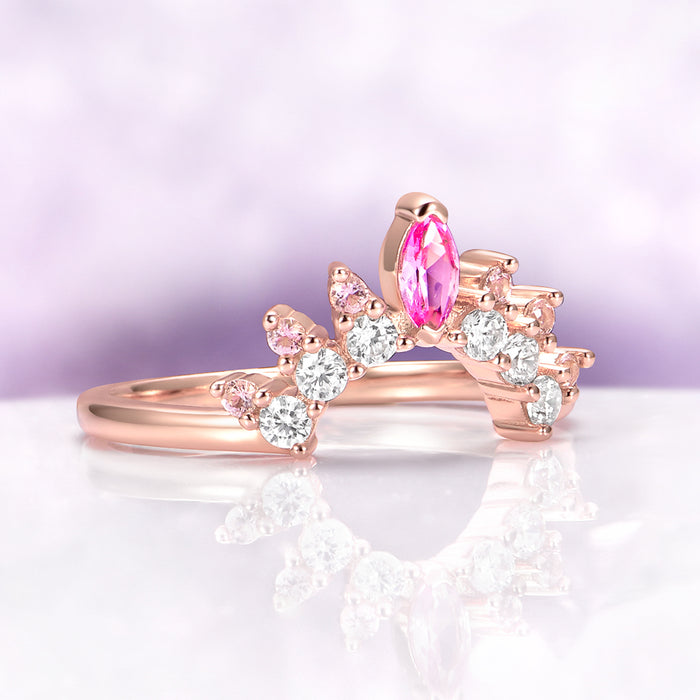 Crown Tiara Marquise Ruby Curved Wedding Band in 14K Rose Gold Vermeil by Aquamarise, featuring a marquise ruby and diamond accents on a curved rose gold vermeil band.